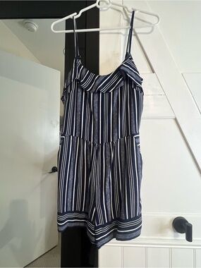 LOFT Petite Navy and White Striped Romper with Ruffle Neckline